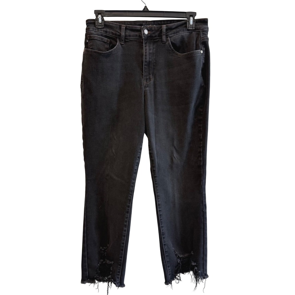 Judy Blue Black Straight Leg Jeans with Raw Hem & Knee Distress